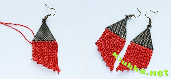 Красные вязаные сережки на треугольной металлической основе 